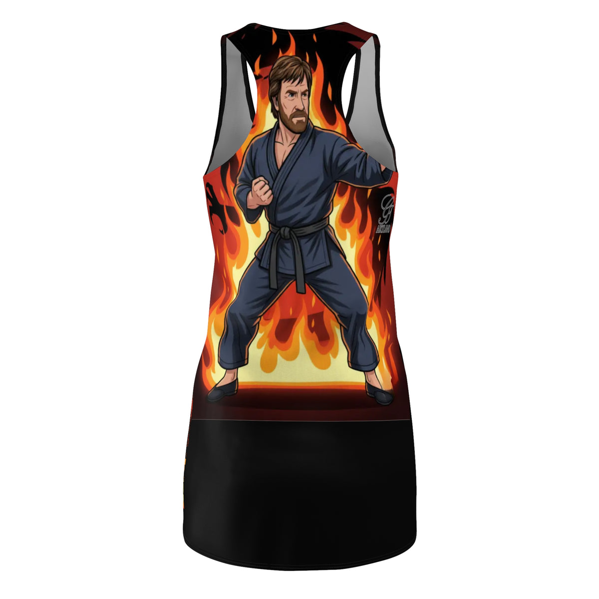Karate Fighter Chuck Norris with Flaming Dragon Racerback Dress | Martial Arts by GT Artland