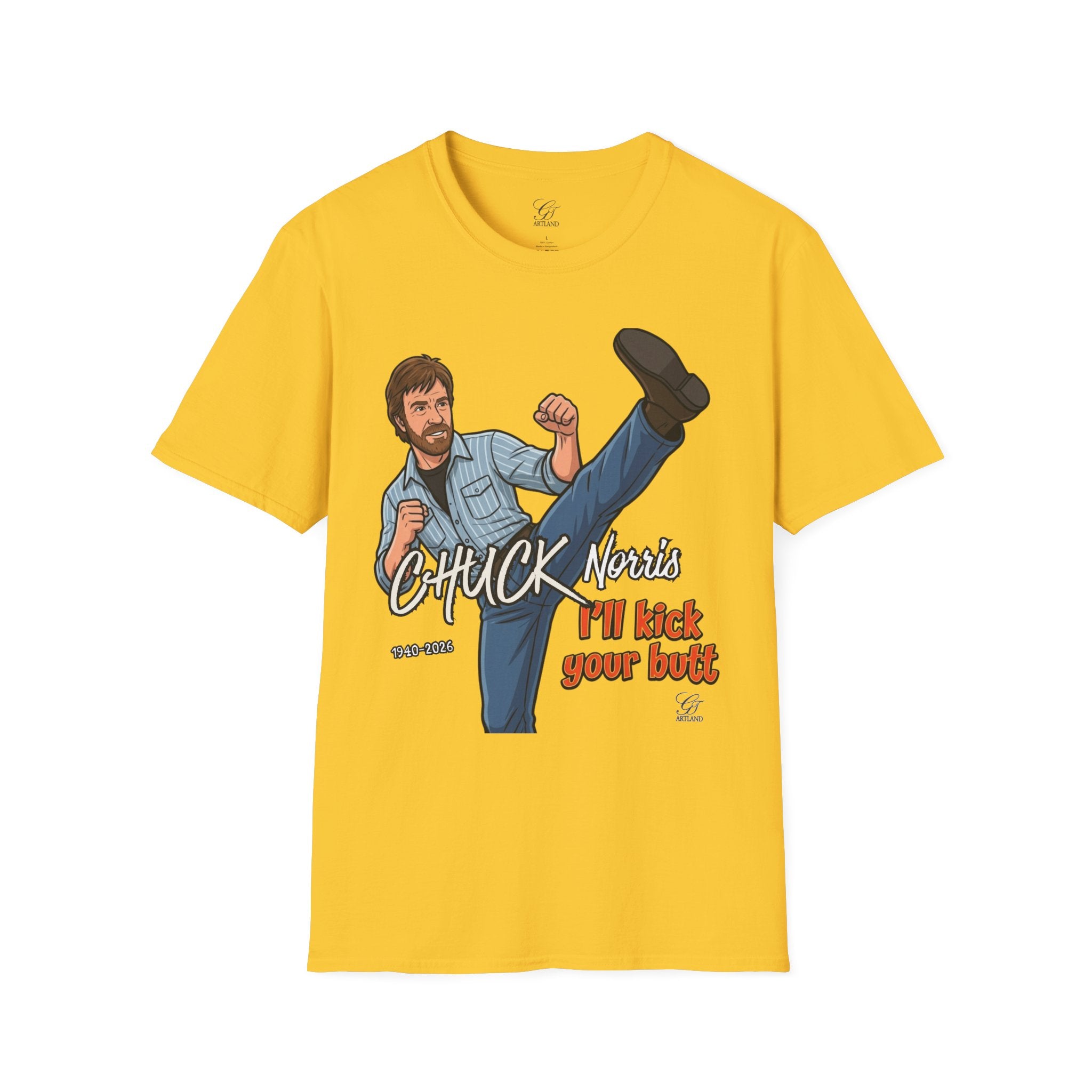 Chuck Norris Kick Illustration T-Shirt | I'll Kick Your Butt text by GT Artland