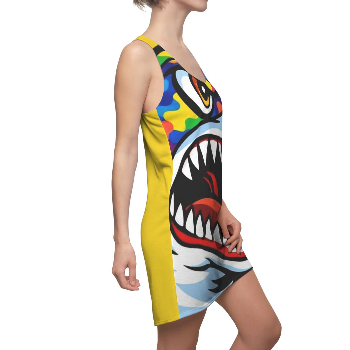 Colorful Shark Face Racerback Dress | All-Over Print