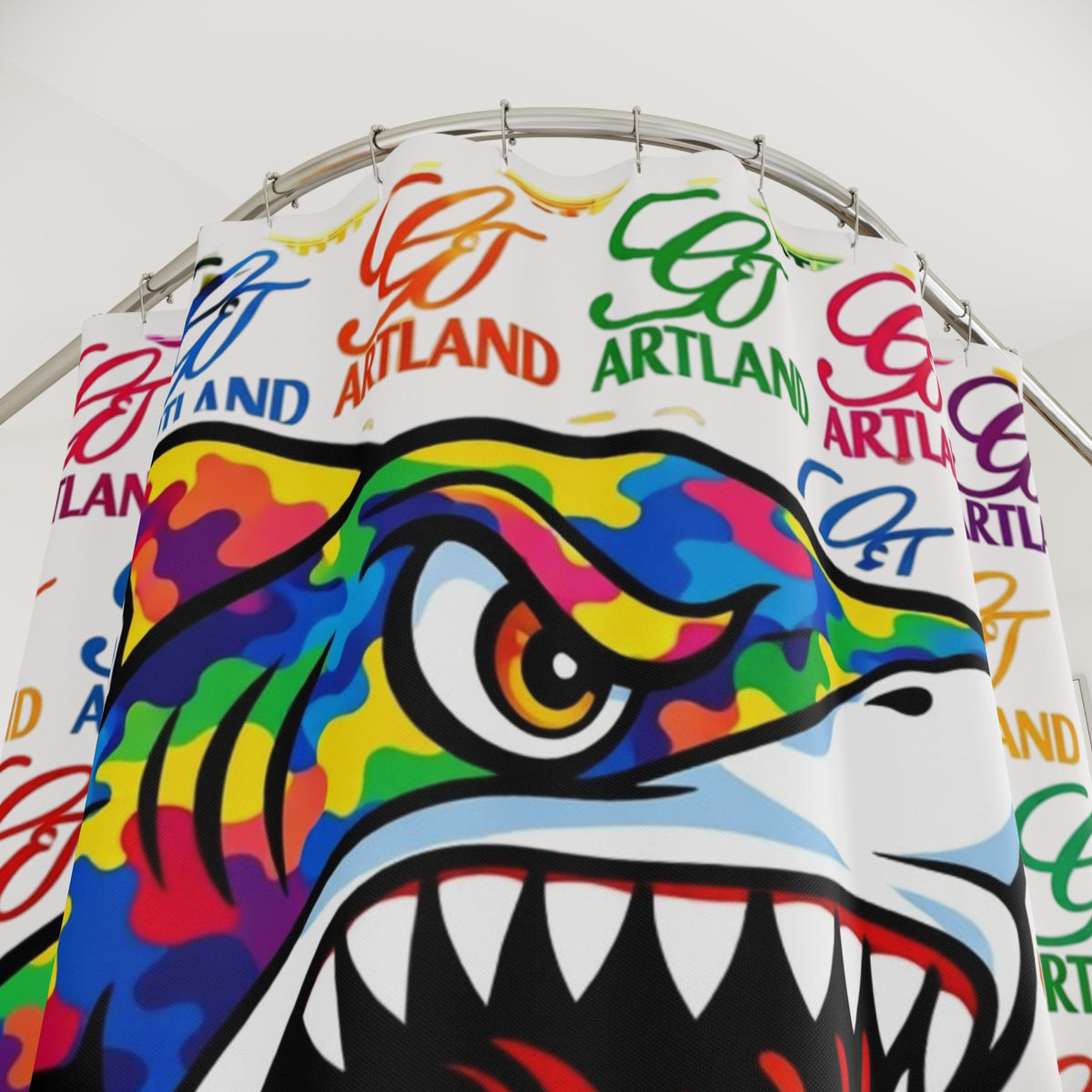 Colorful Designer Killa Rainbow Camouflage Shark GT Shower Curtain | Pop Art Logo Pattern by GT Artland