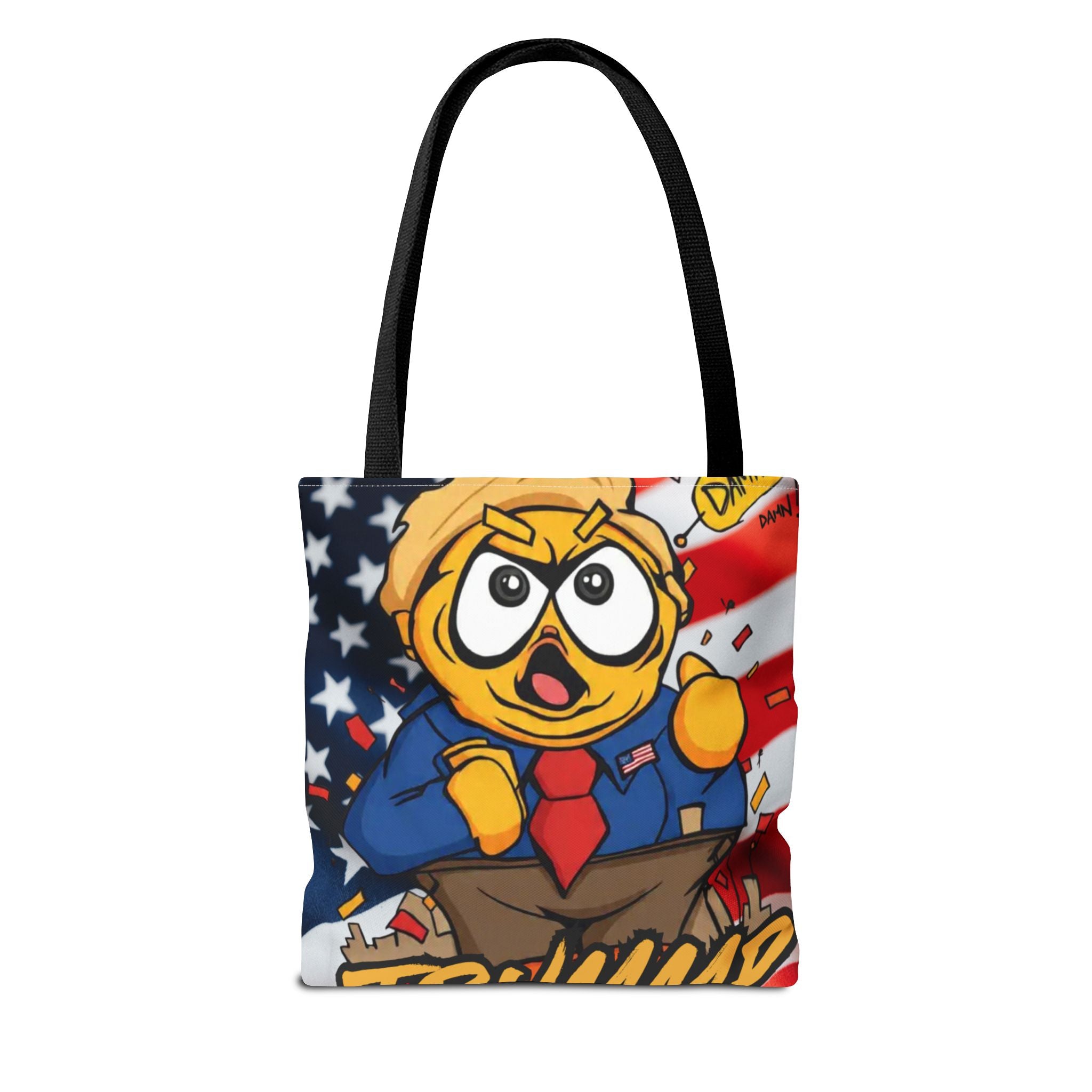 Patriotic Cartoon Politician Tote Bag – American Flag Trump Chicken Design by GT Artland