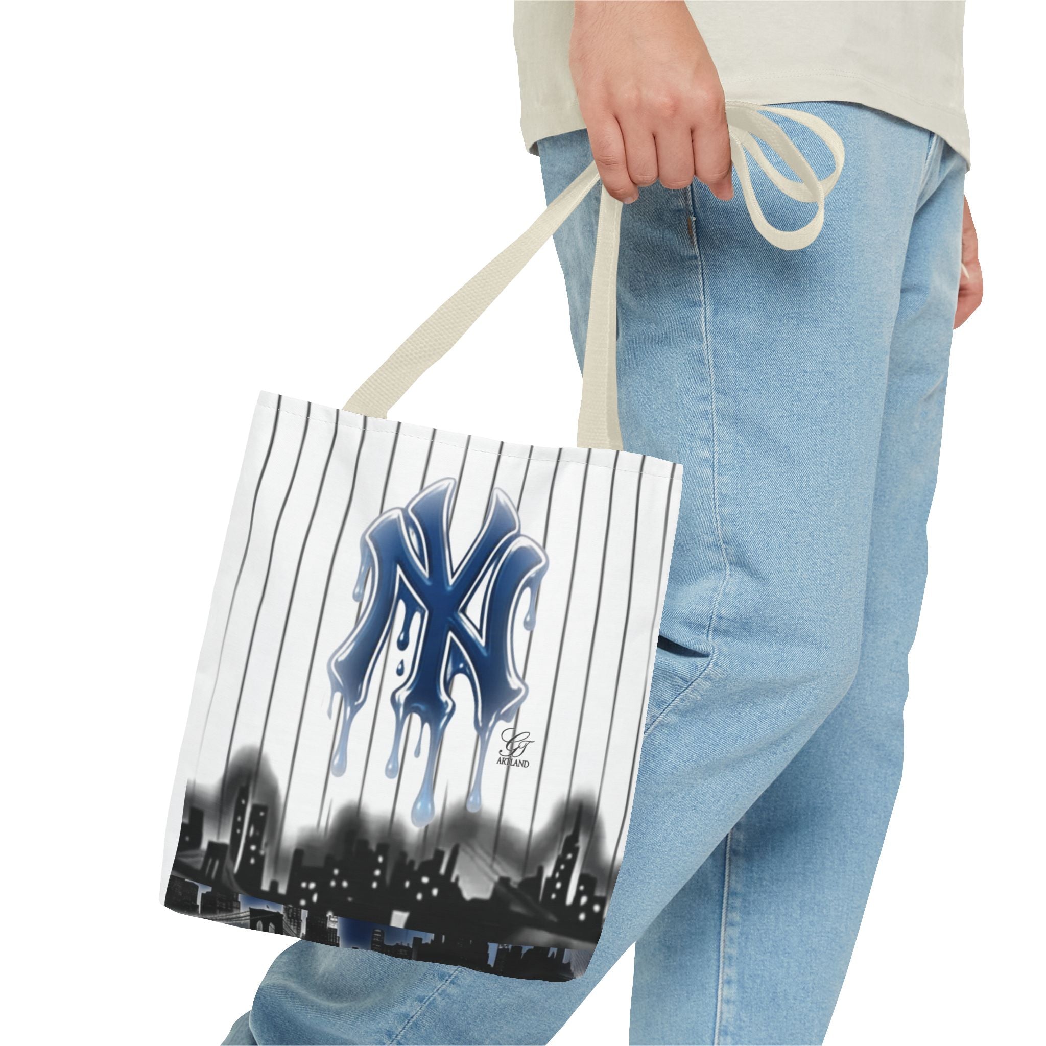 Drip NY Fan Gear Logo Pinstripe Tote Bag — Urban Baseball Cityscape by GT Artland