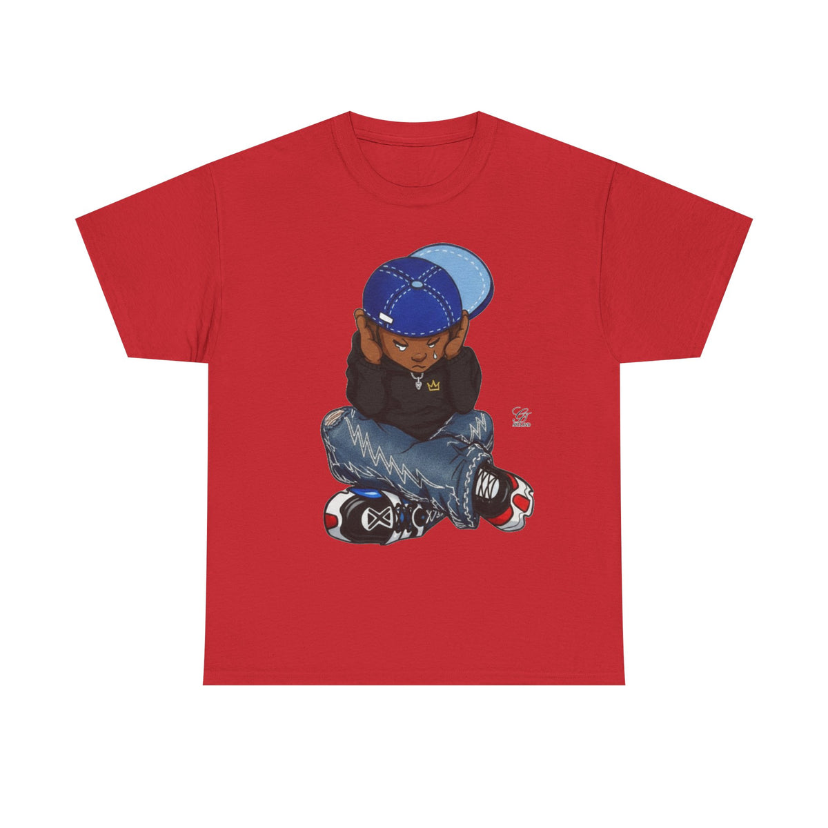 Ebony Sad Kid Illustration T-Shirt | Sitting Boy Graphic Tee b