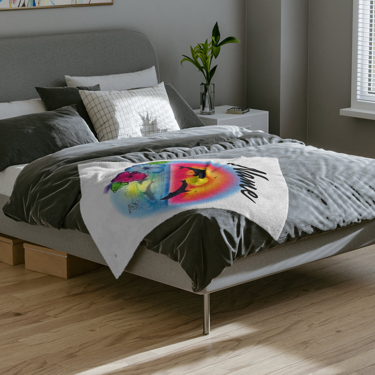 Airbrush Sunset Dolphins Velveteen Microfiber Blanket | Tropical Hibiscus Ocean Scene by GT Artland