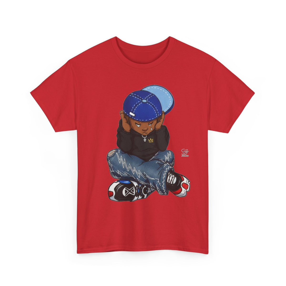 Ebony Sad Kid Illustration T-Shirt | Sitting Boy Graphic Tee b