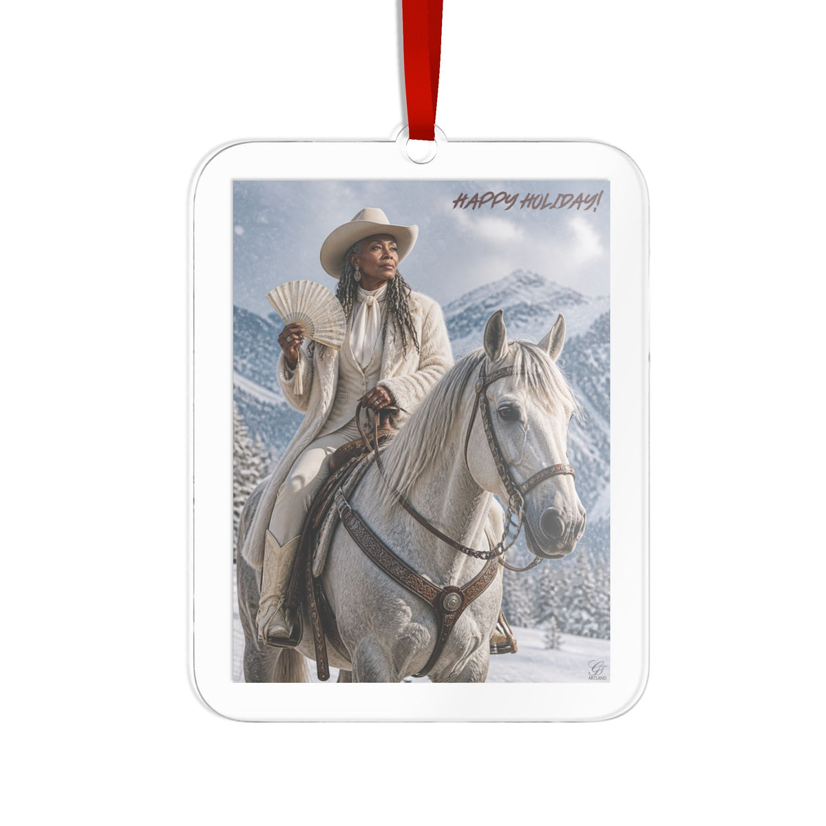 Happy Holidays Western Cowgirl Horse Acrylic Ornament