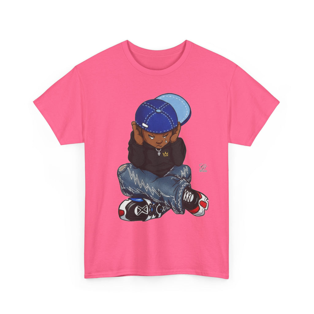 Ebony Sad Kid Illustration T-Shirt | Sitting Boy Graphic Tee b