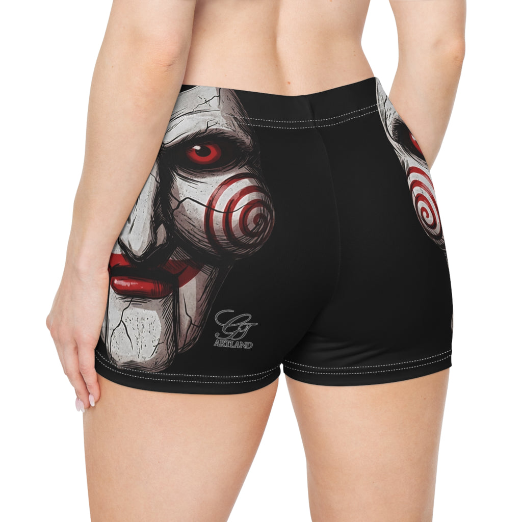 Horror Puppet Face Women's Shorts | Creepy Red Spiral Mask