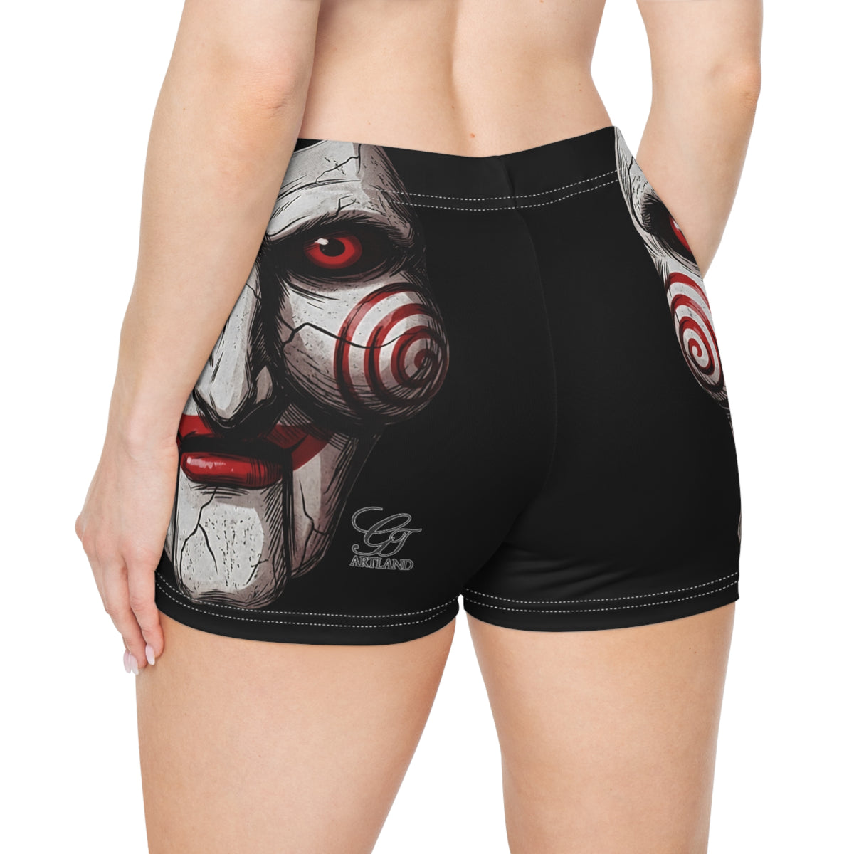 Horror Puppet Face Women's Shorts | Creepy Red Spiral Mask
