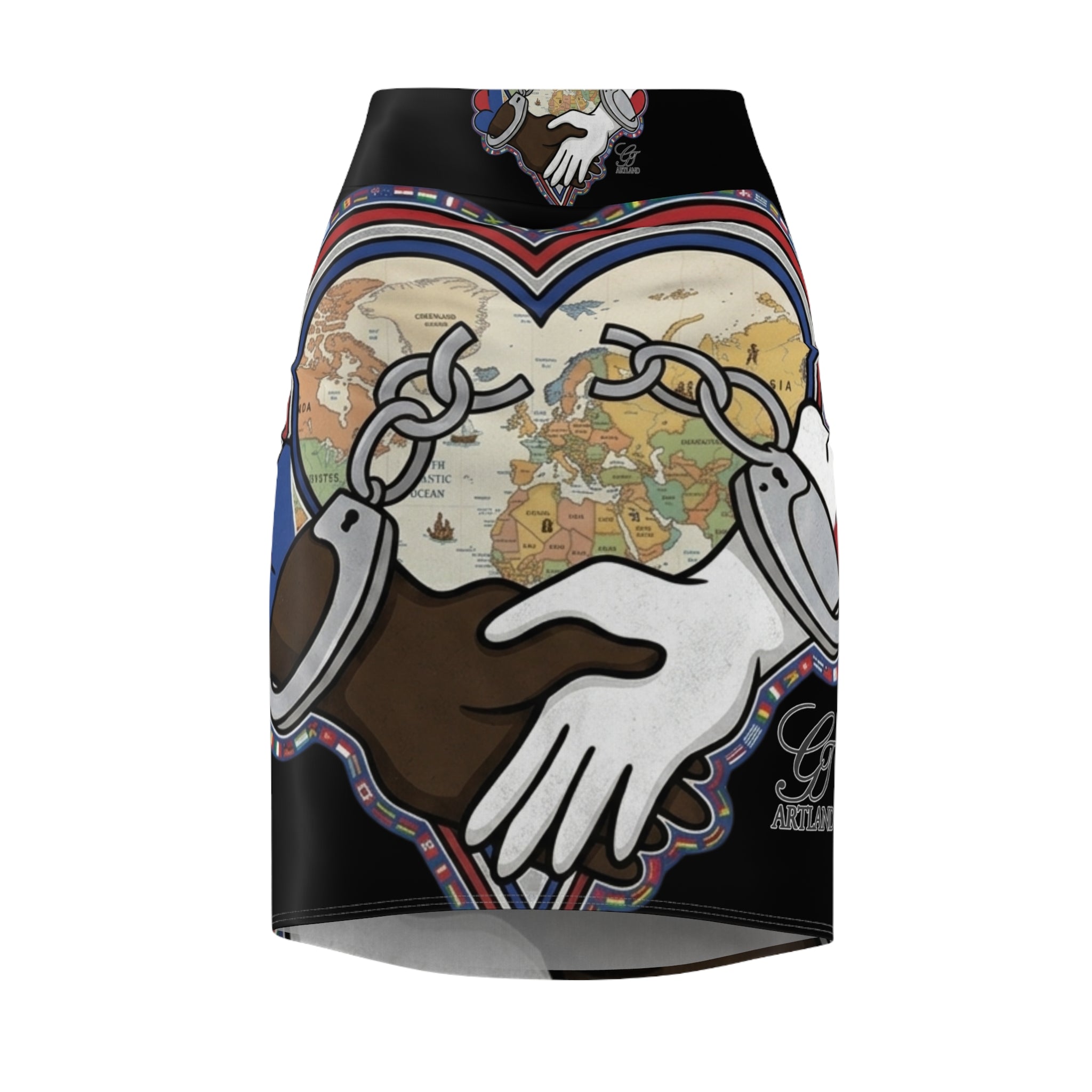 Interracial Unity Heart with Handcuffs Pencil Skirt | World Map Artwork by GT Artland