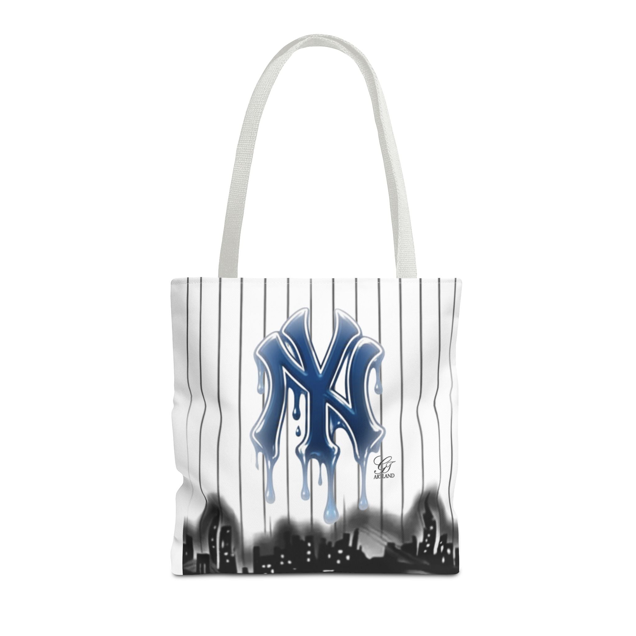 Drip NY Fan Gear Logo Pinstripe Tote Bag — Urban Baseball Cityscape by GT Artland