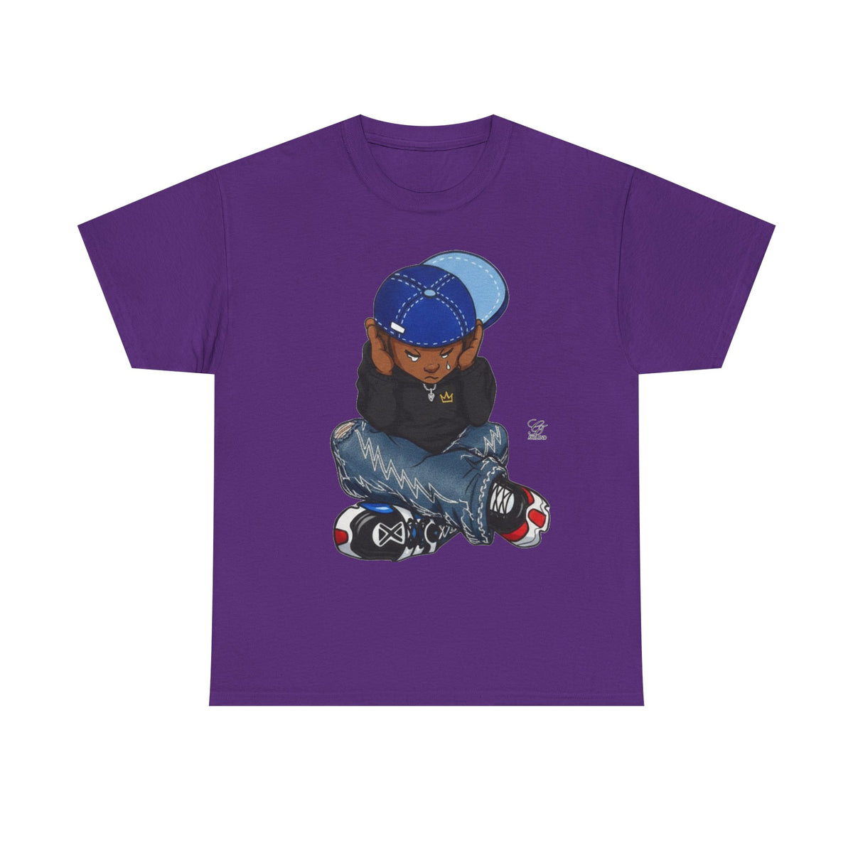 Ebony Sad Kid Illustration T-Shirt | Sitting Boy Graphic Tee b