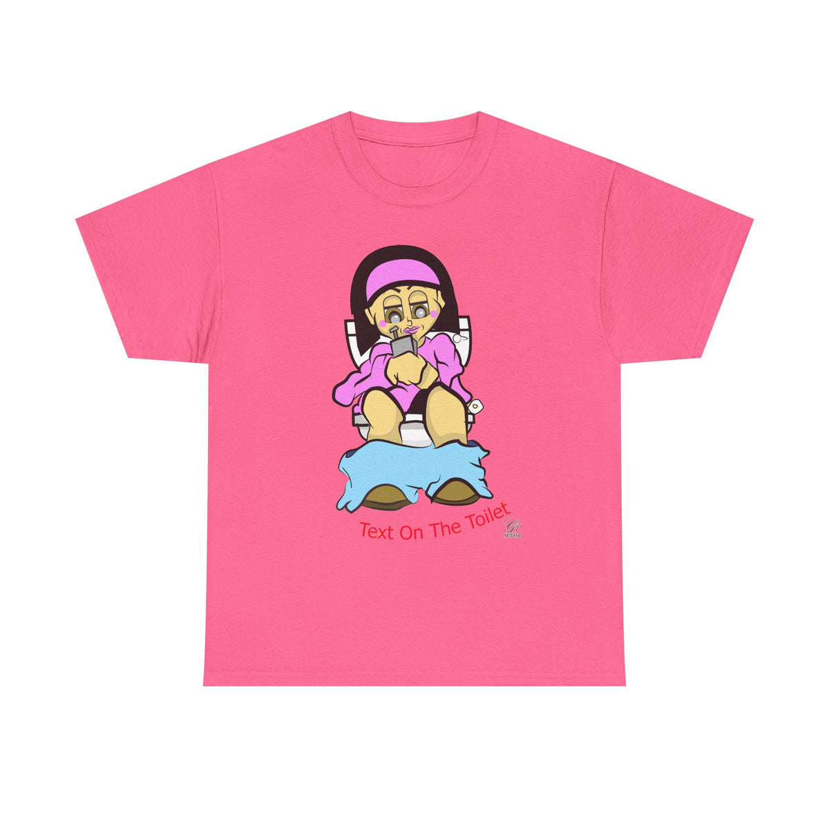 Texting on the Toilet female Illustration T-Shirt | Humor Cartoon Sitting, Text on the Toilet by GT Artland