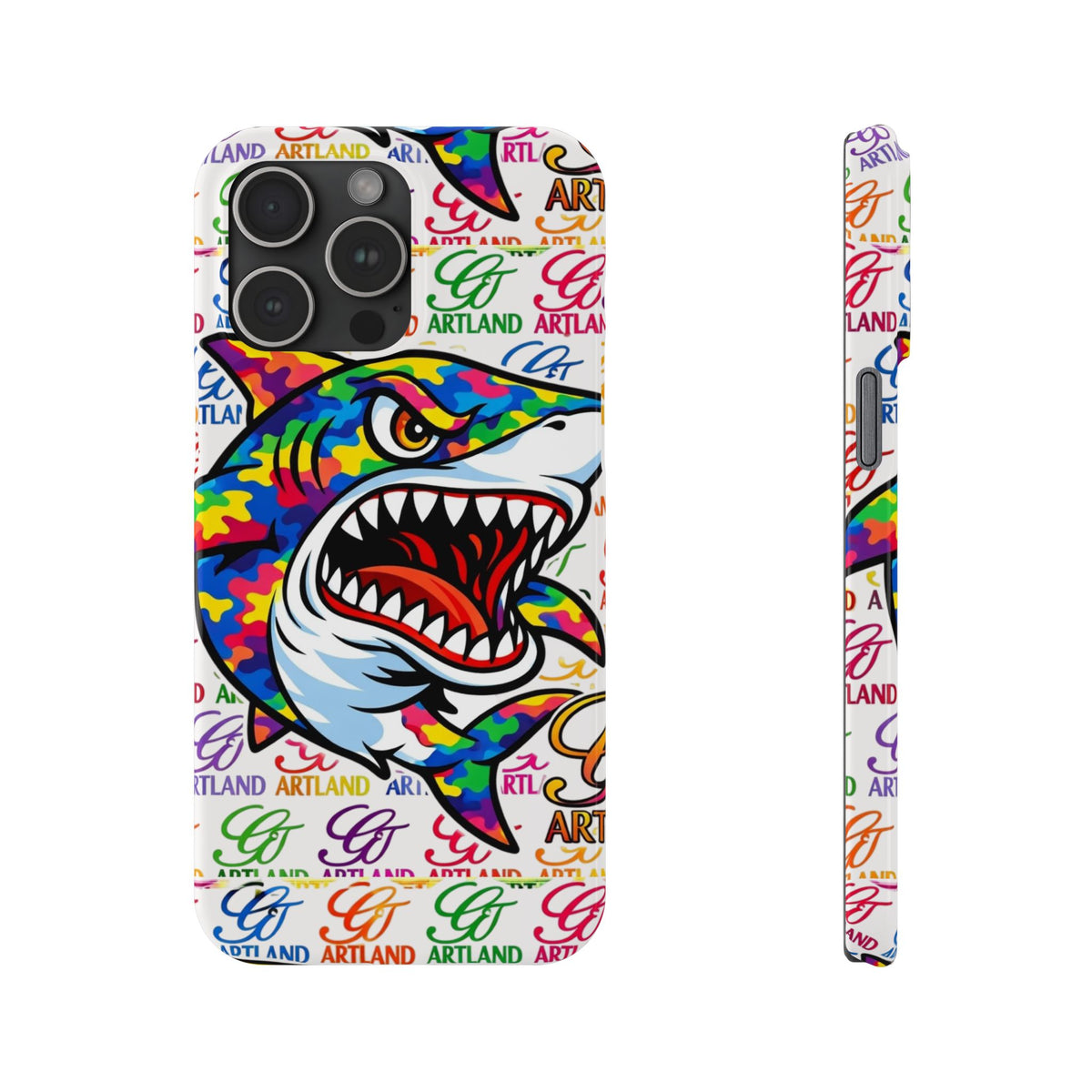 Colorful Camo Designer Shark GT Slim Phone Case | Vibrant Graphic, Artland Logo Background by GT Artland