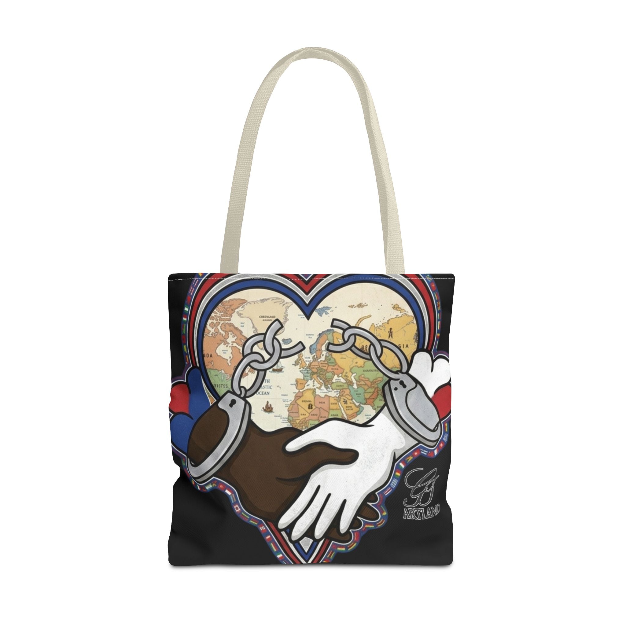 Interracial Unity Heart Handcuffs Tote Bag | All-Over Print by GT Artland