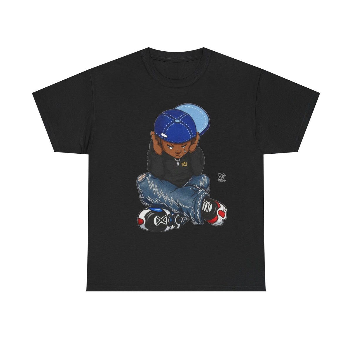 Ebony Sad Kid Illustration T-Shirt | Sitting Boy Graphic Tee b