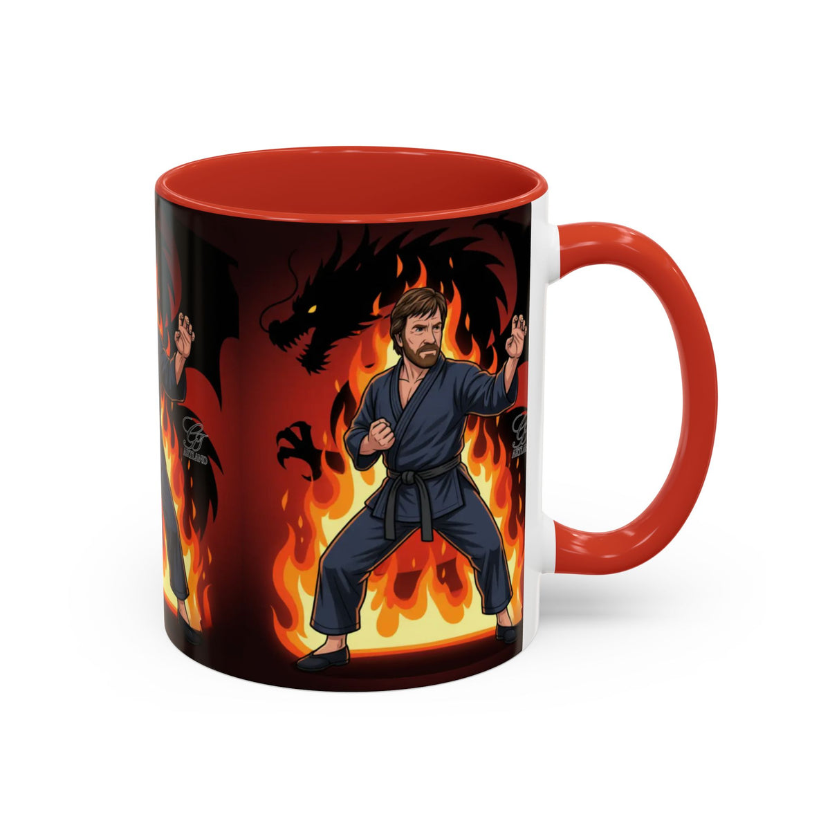 Martial Artist Chuck Norris with Dragon Flames Mug | Accent Coffee Mug 11oz/15oz by GT Artland