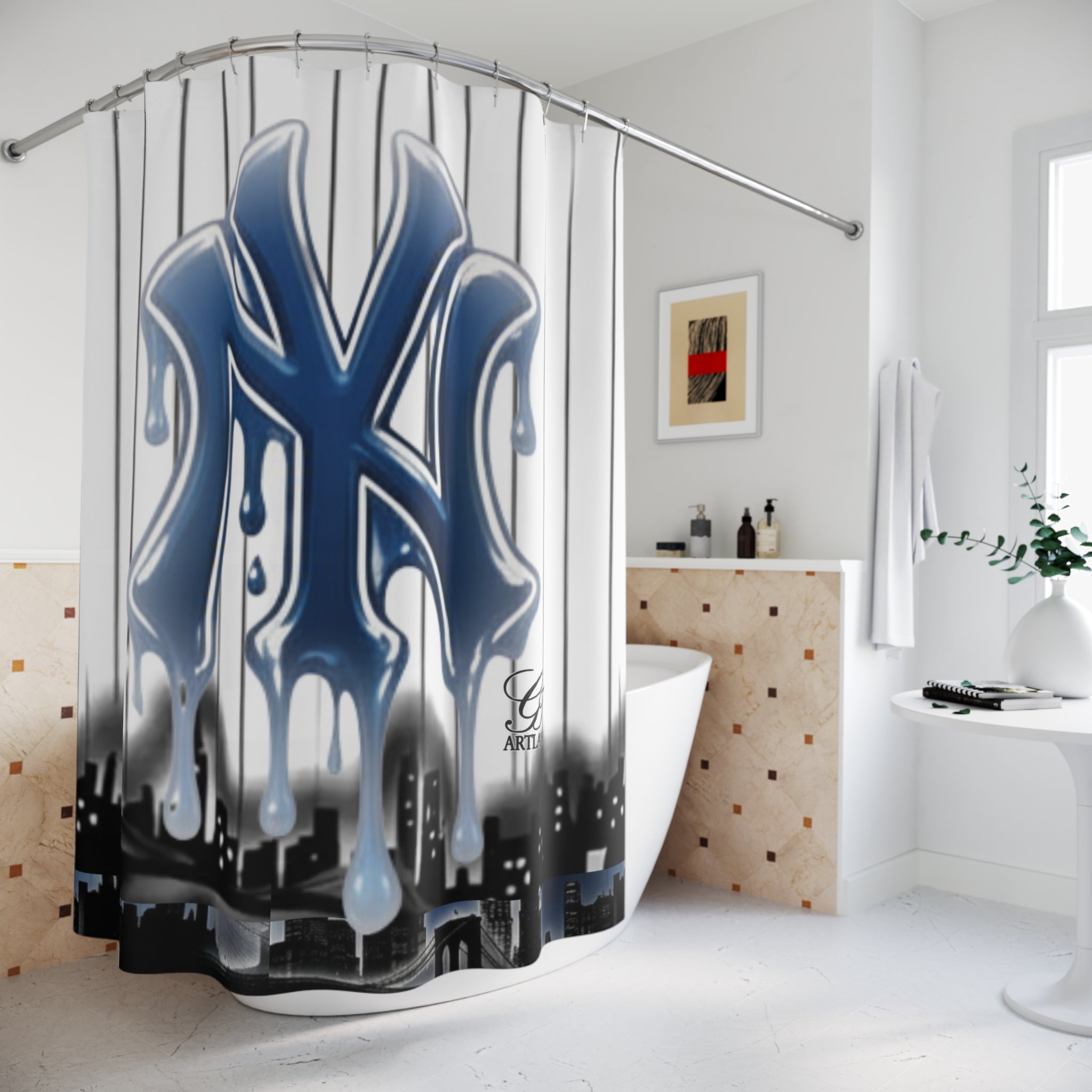 NY Yank Drip Designer Airbrush Graffiti NY Logo Shower Curtain | Urban Skyline by GT Artland