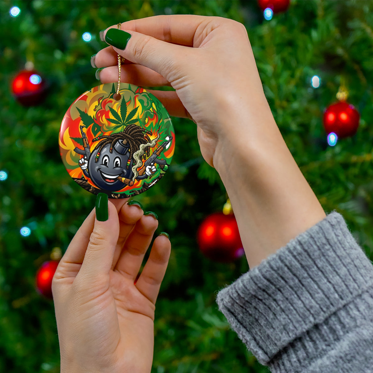 Rasta Bomb Character Ceramic Ornament — Cannabis Leaf Holiday Decoration by GT Artland