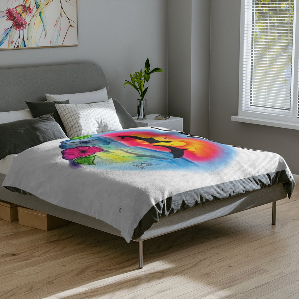 Airbrush Sunset Dolphins Velveteen Microfiber Blanket | Tropical Hibiscus Ocean Scene by GT Artland