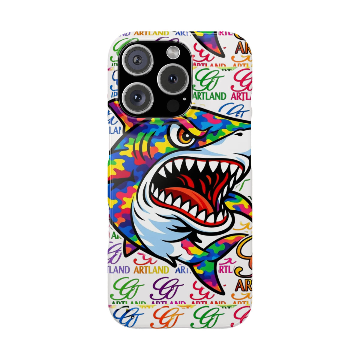 Colorful Camo Designer Shark GT Slim Phone Case | Vibrant Graphic, Artland Logo Background by GT Artland