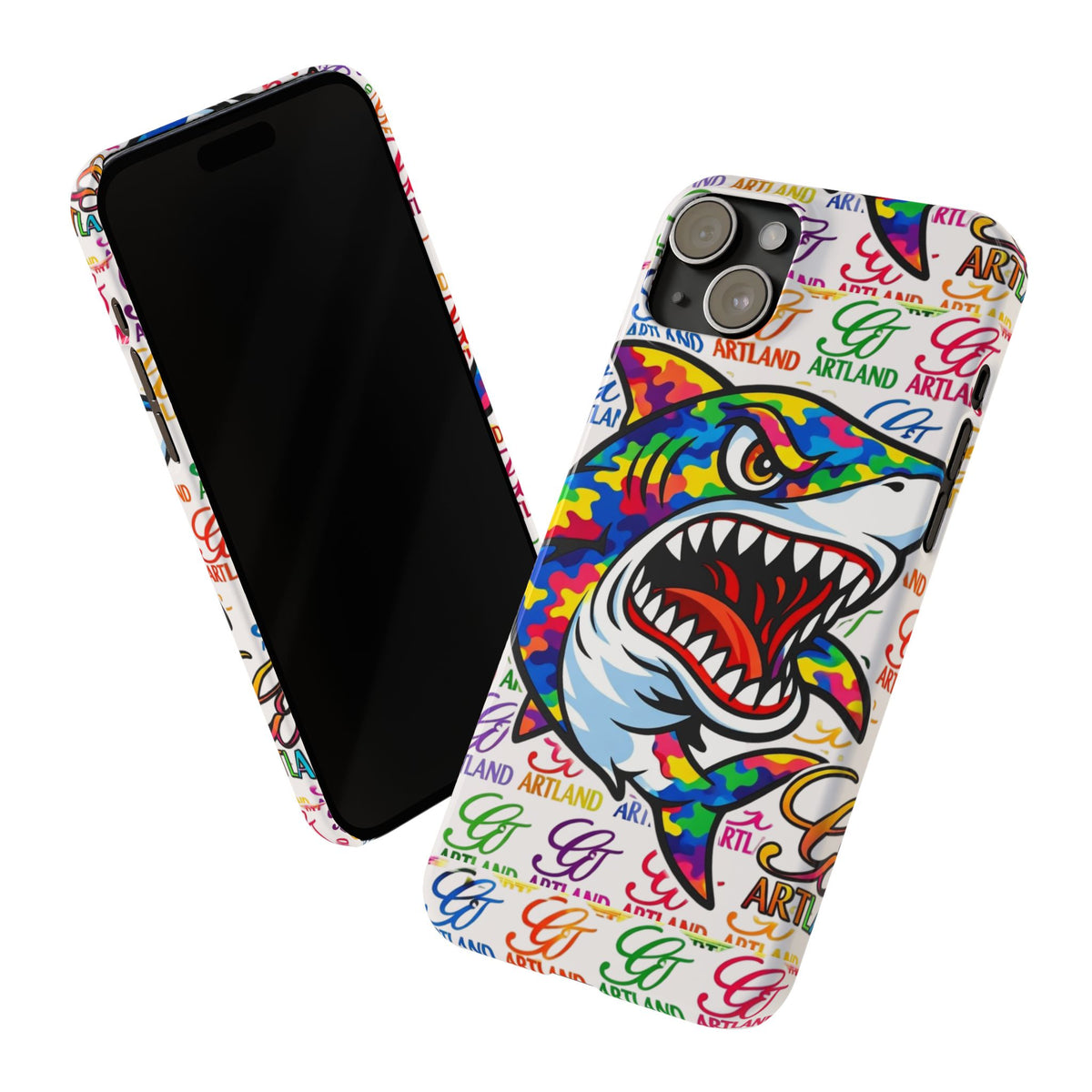 Colorful Camo Designer Shark GT Slim Phone Case | Vibrant Graphic, Artland Logo Background by GT Artland