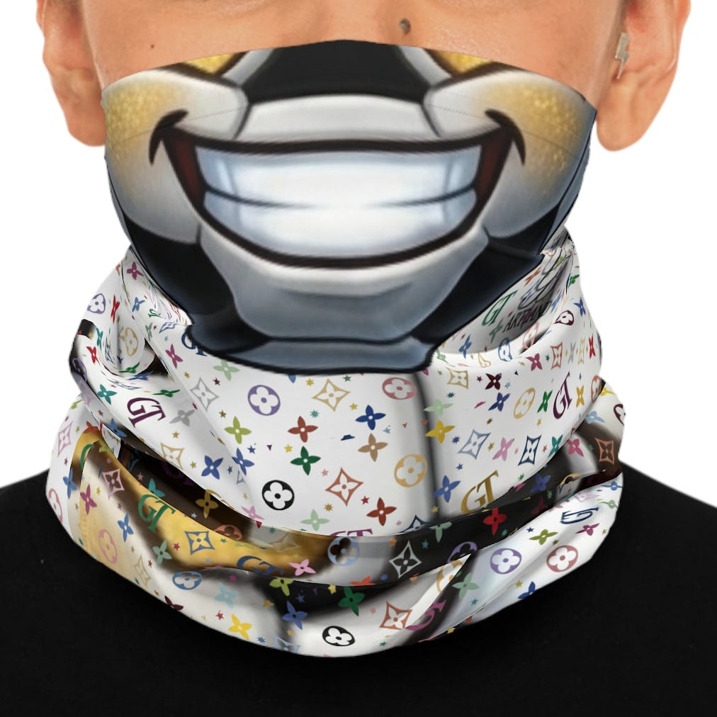 Smiley Mask Soccer Ball Neck Gaiter — Colorful Monogram Pattern Face Cover by GT Artland