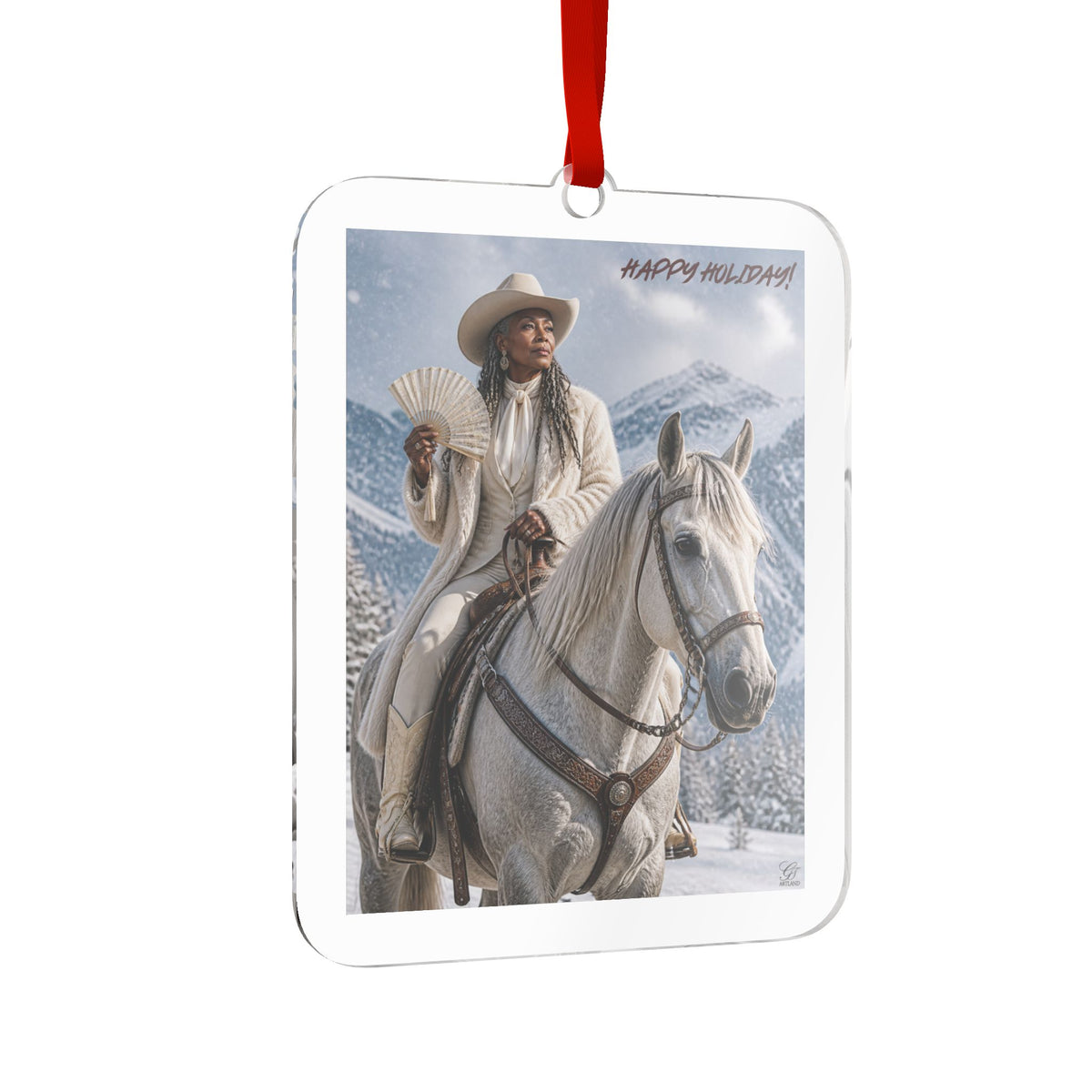 Happy Holidays Western Cowgirl Horse Acrylic Ornament