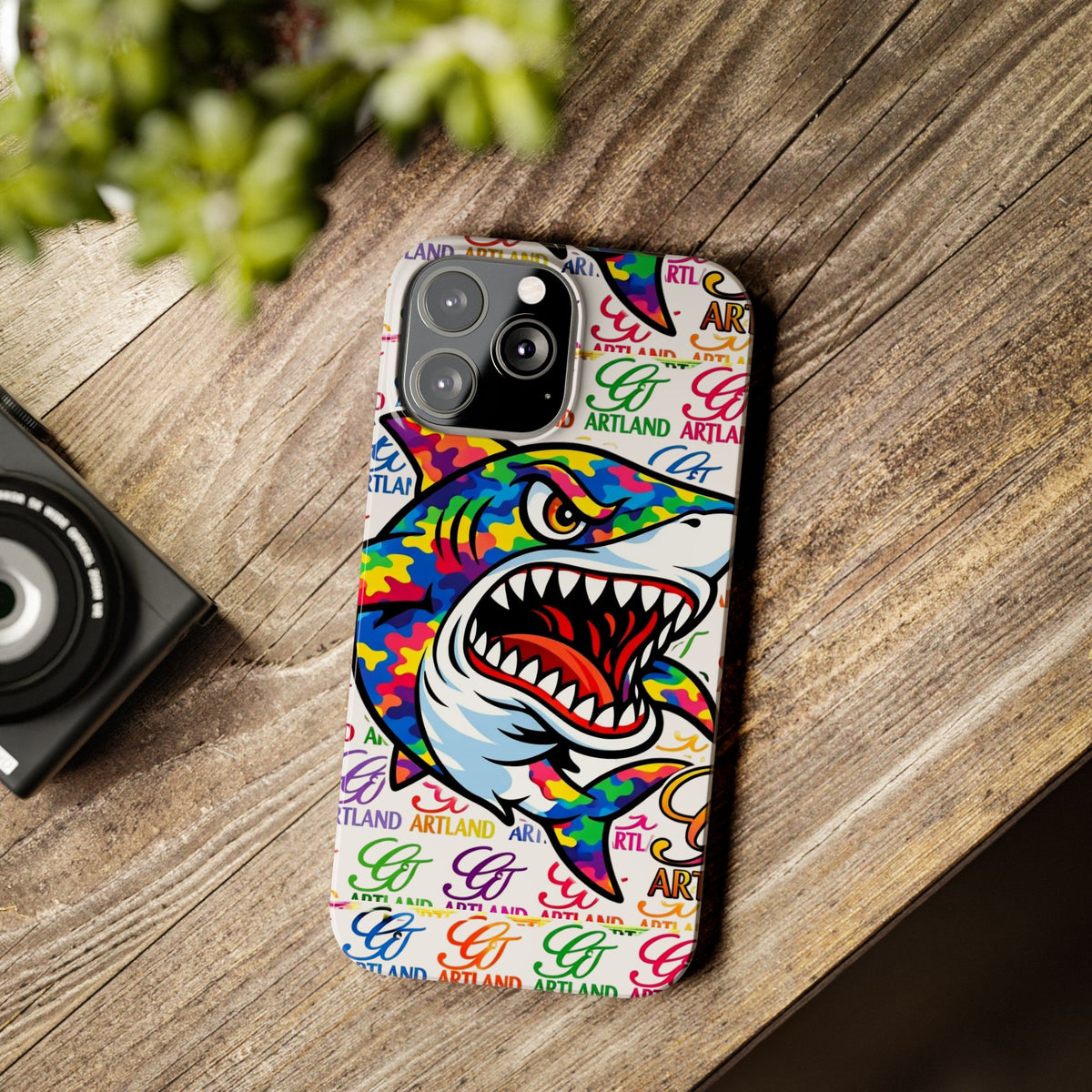 Colorful Camo Designer Shark GT Slim Phone Case | Vibrant Graphic, Artland Logo Background by GT Artland