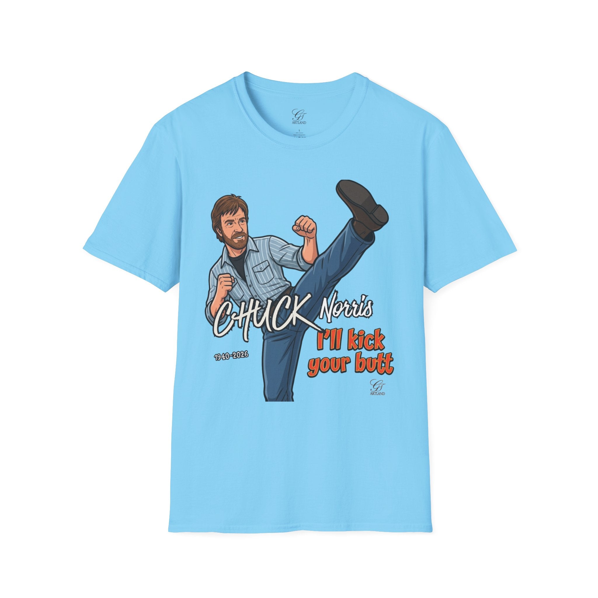 Chuck Norris Kick Illustration T-Shirt | I'll Kick Your Butt text by GT Artland