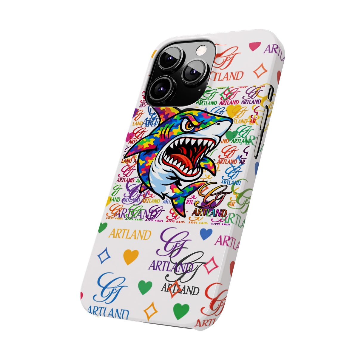 Colorful Designer Shark GT Illustration Slim Phone Case | Rainbow Logo Pattern by GT Artland