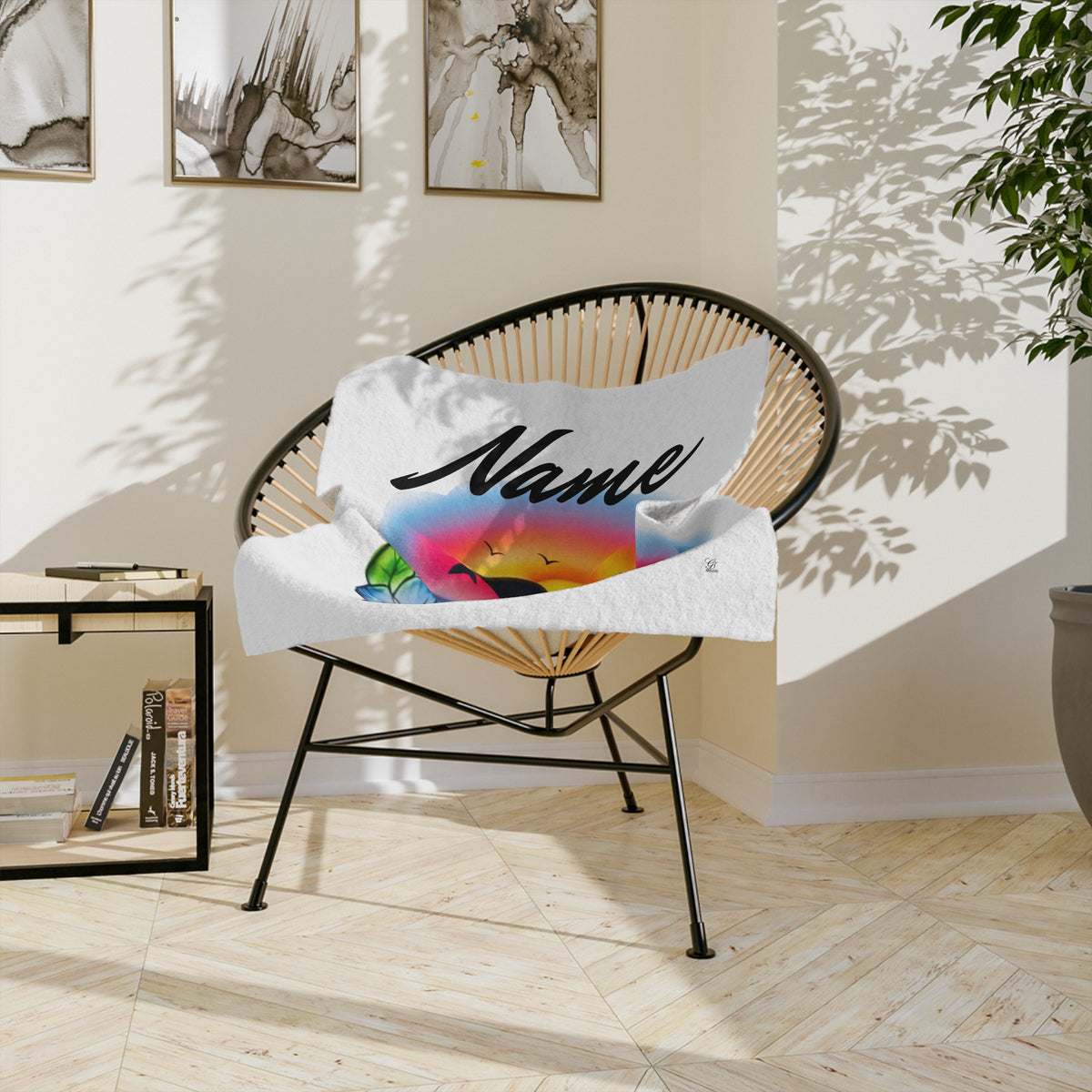 Airbrush Sunset Dolphins Velveteen Microfiber Blanket | Tropical Hibiscus Ocean Scene by GT Artland