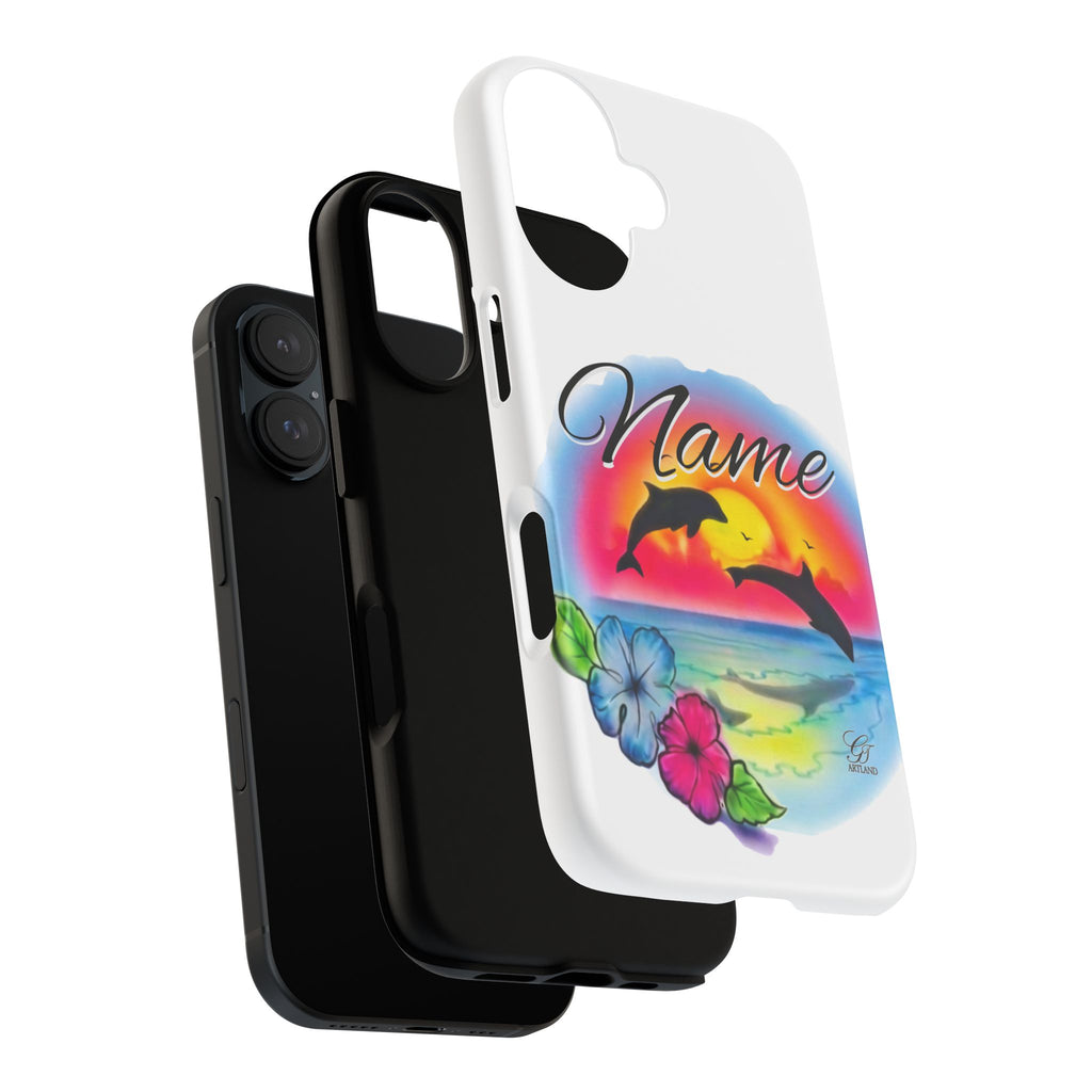 Dolphin Sunset Name Phone Case | Personalized Tough Case, Floral Beach Design by GT Artland