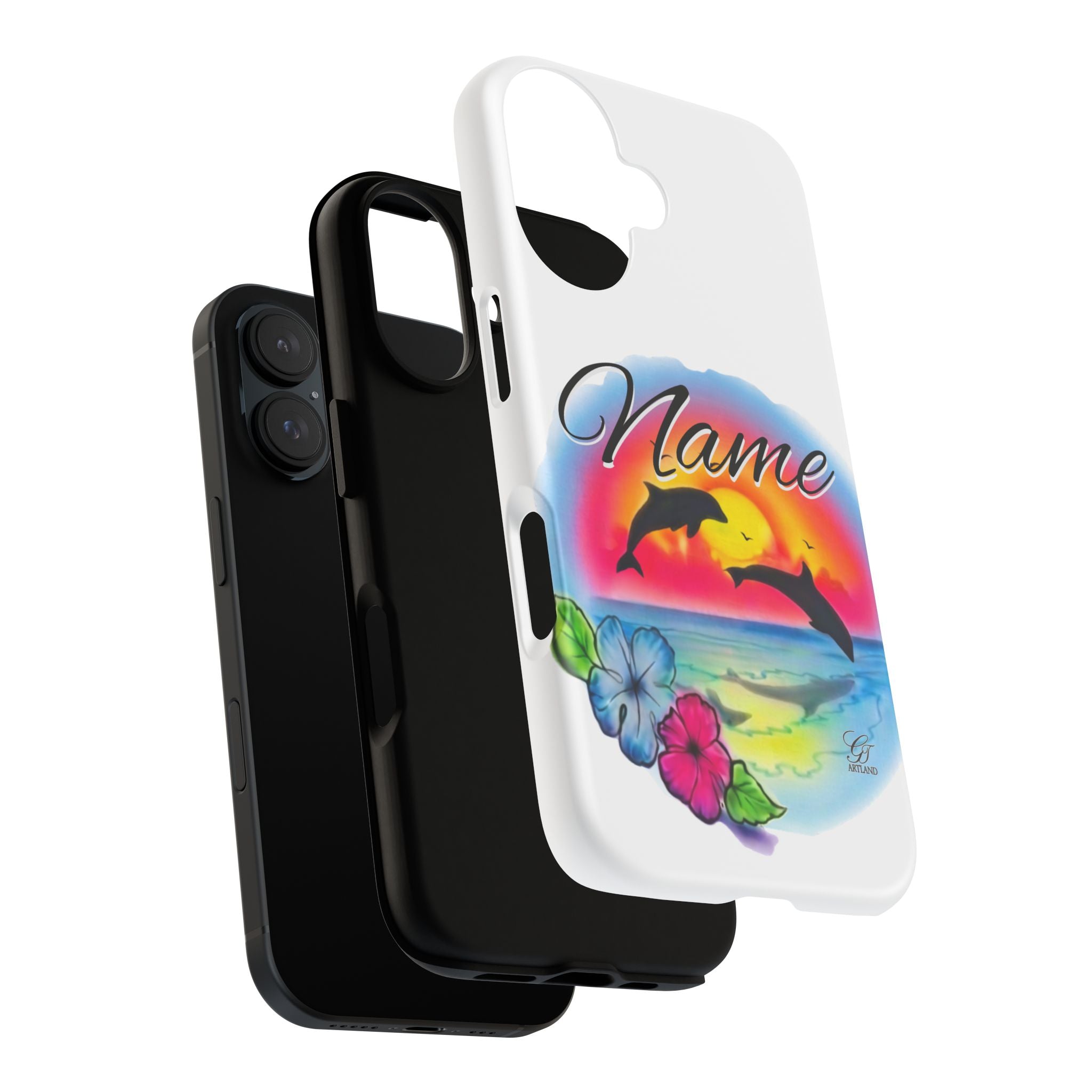 Dolphin Sunset Name Phone Case | Personalized Tough Case, Floral Beach Design by GT Artland