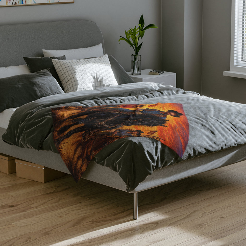 Cowboy Riders Blanket | Western Rodeo Sunset Velveteen Microfiber Blanket