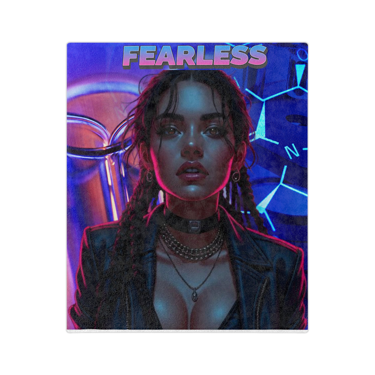 Neon "Fearless" Cyberpunk Lady Velveteen Throw Blanket - Throw