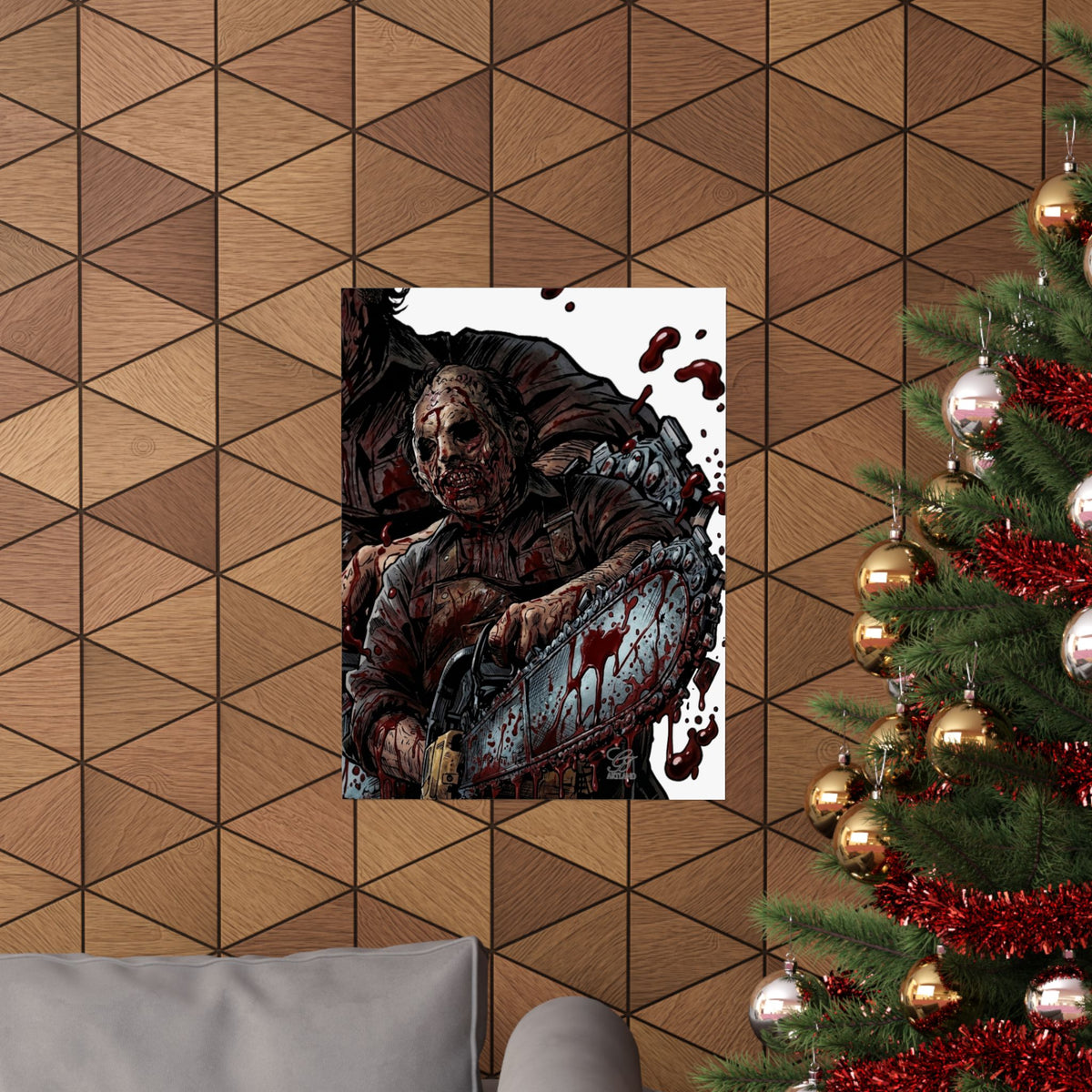 Leatherface Chainsaw Poster Matte Vertical | Horror Movie Art, Bloody Slasher Print by GT Artland