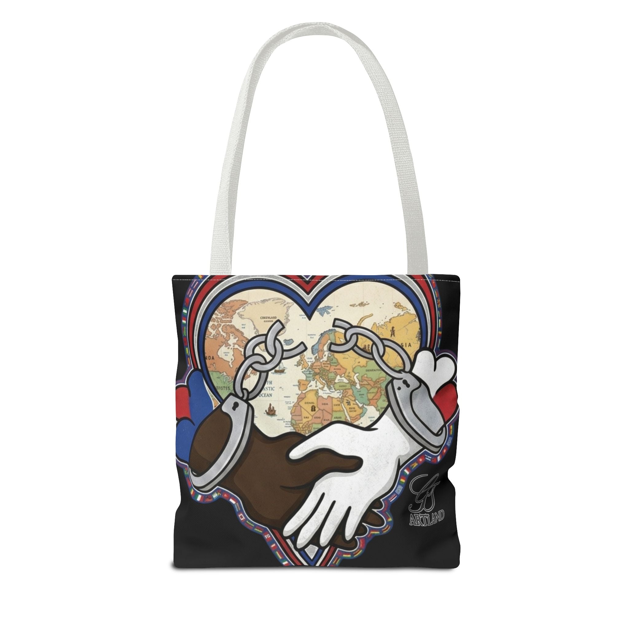 Interracial Unity Heart Handcuffs Tote Bag | All-Over Print by GT Artland