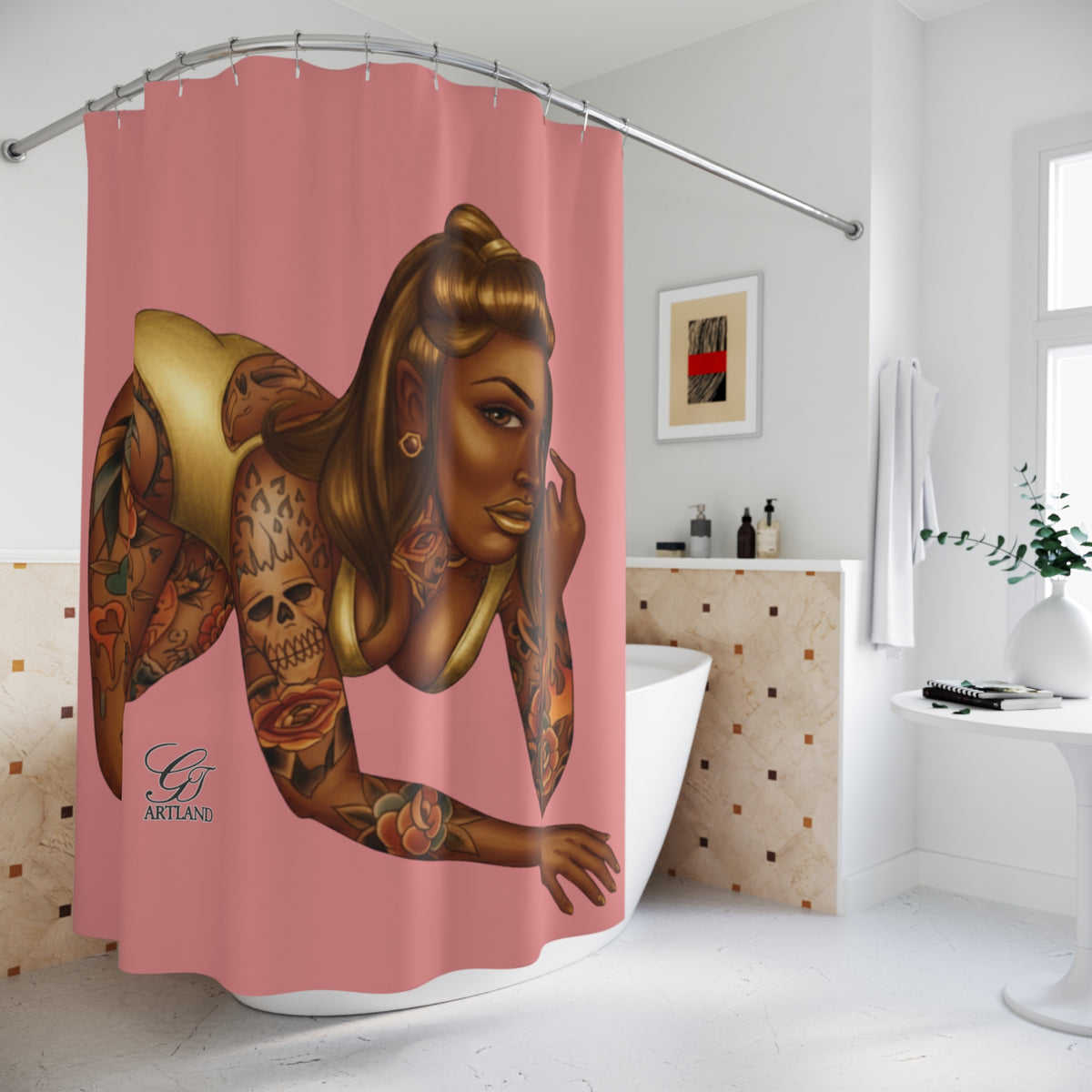 Tattooed Pinup Diva Shower Curtain - Pink Background