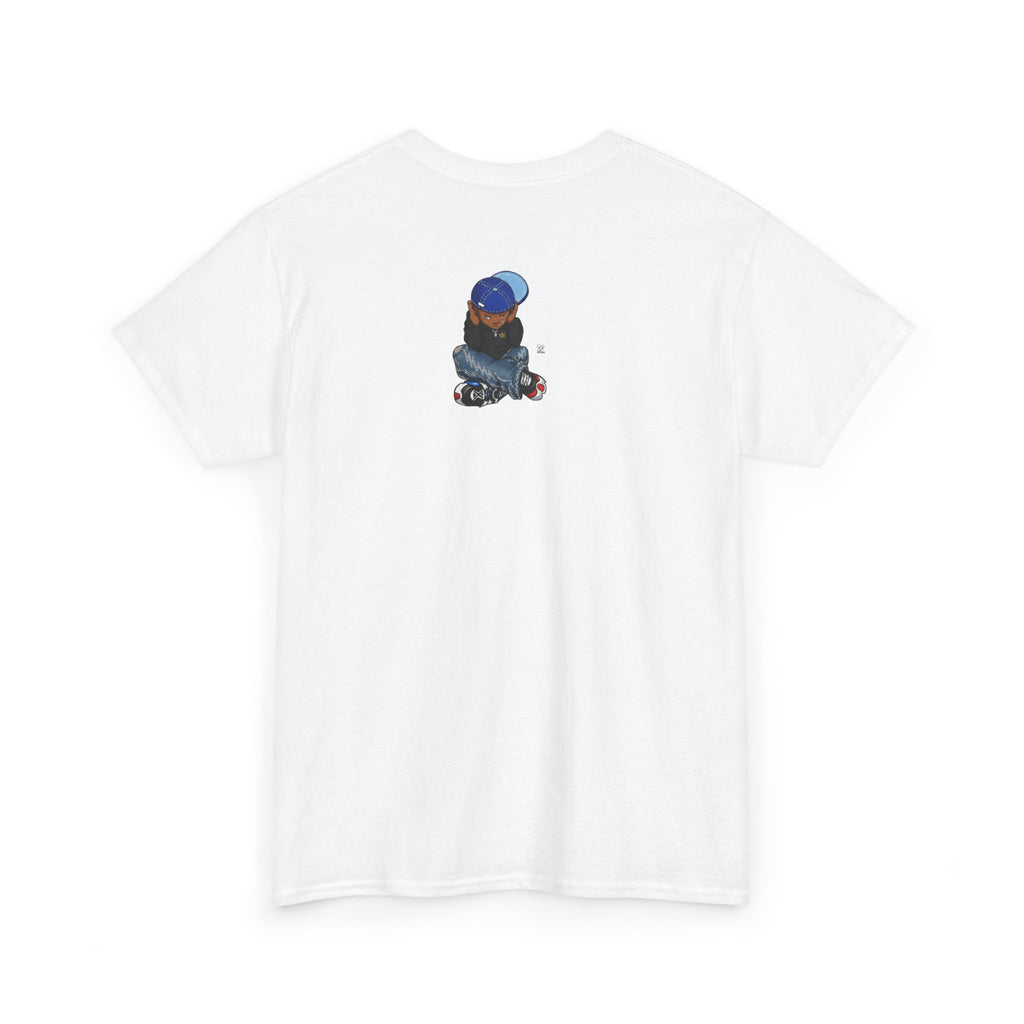 Ebony Sad Kid Illustration T-Shirt | Sitting Boy Graphic Tee b