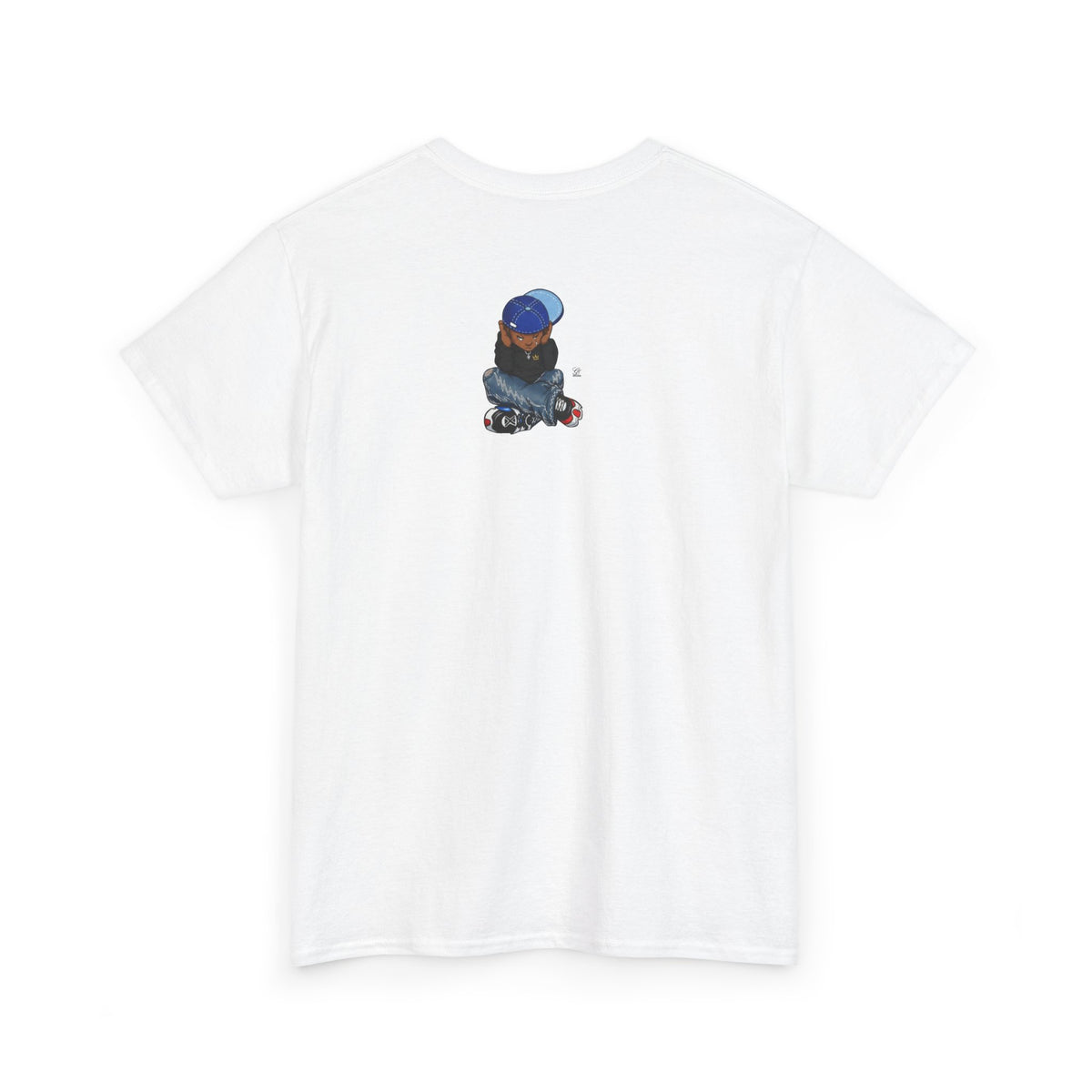 Ebony Sad Kid Illustration T-Shirt | Sitting Boy Graphic Tee b
