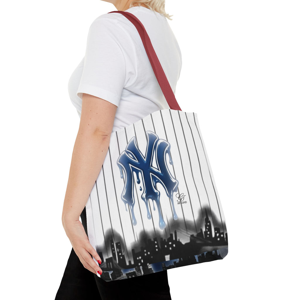 Drip NY Fan Gear Logo Pinstripe Tote Bag — Urban Baseball Cityscape by GT Artland