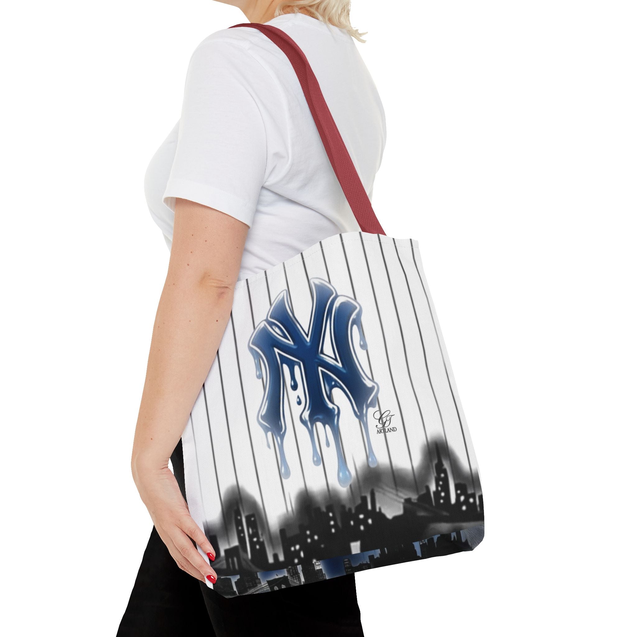 Drip NY Fan Gear Logo Pinstripe Tote Bag — Urban Baseball Cityscape by GT Artland