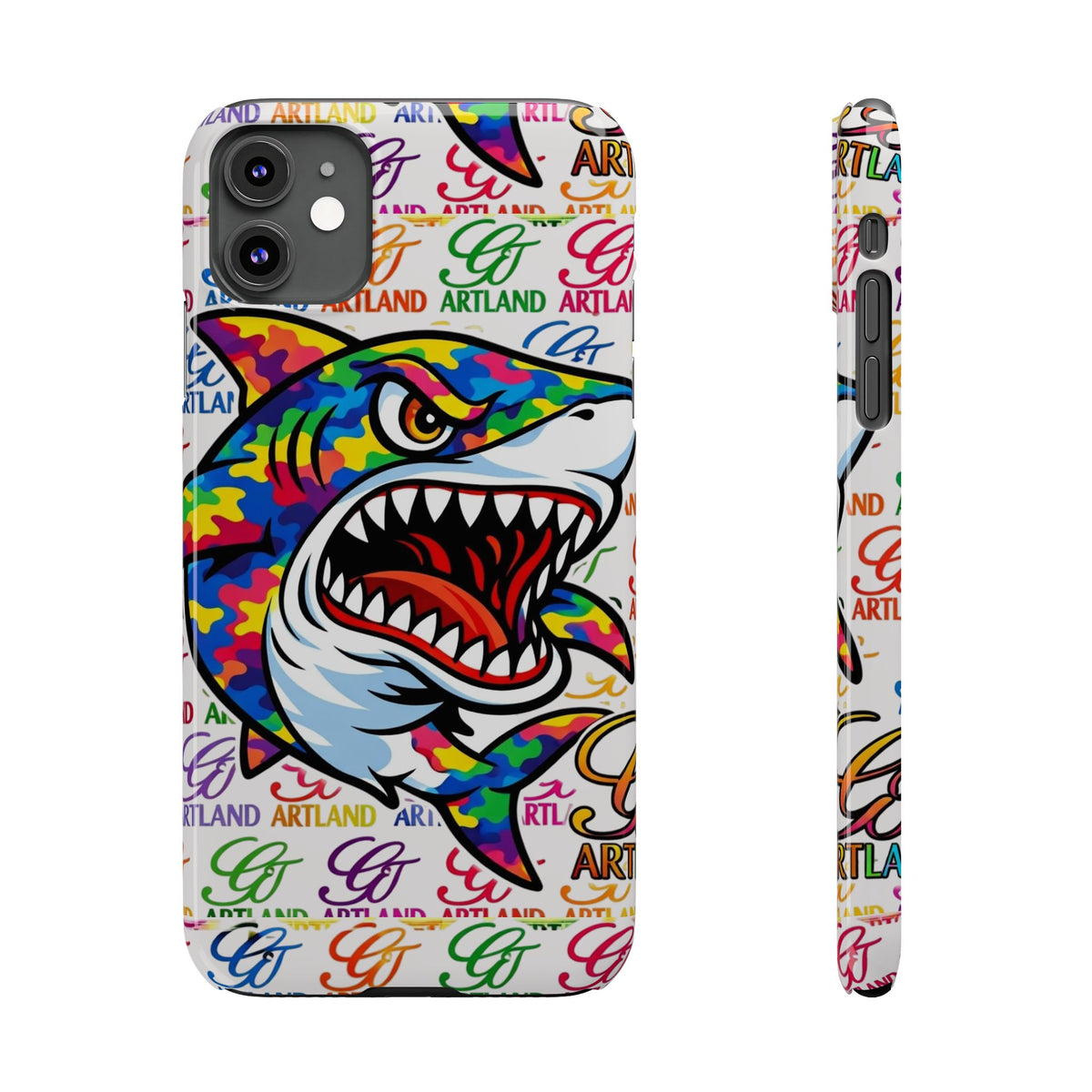 Colorful Camo Designer Shark GT Slim Phone Case | Vibrant Graphic, Artland Logo Background by GT Artland