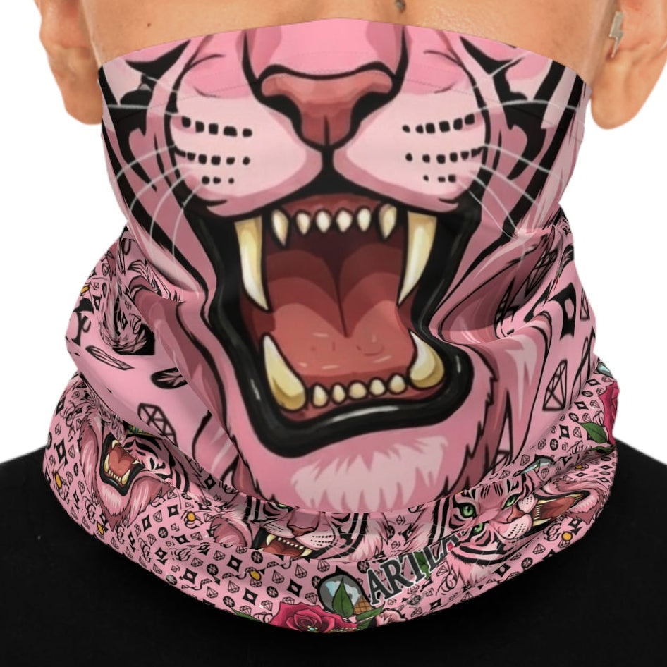 Pink Tiger Floral Neck Gaiter — Breathable Midweight Face Scarf by GT Artland