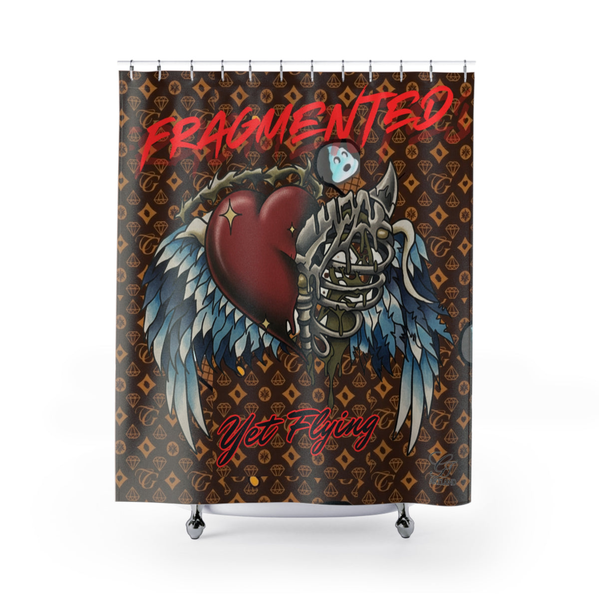 Fragmented Heart Winged Skeleton Designer Shower Curtain | Gothic Tattoo Art by GT Artland