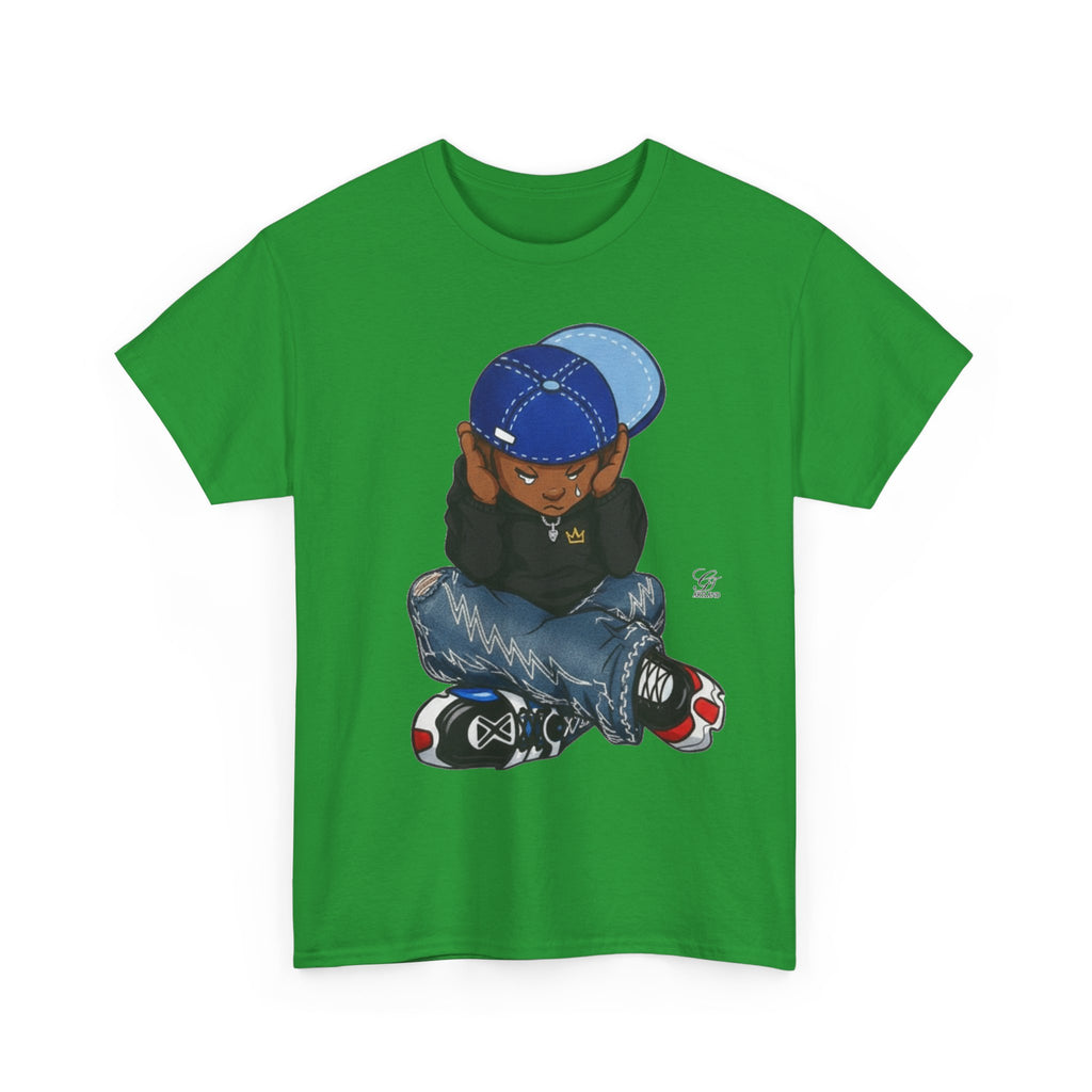 Ebony Sad Kid Illustration T-Shirt | Sitting Boy Graphic Tee b