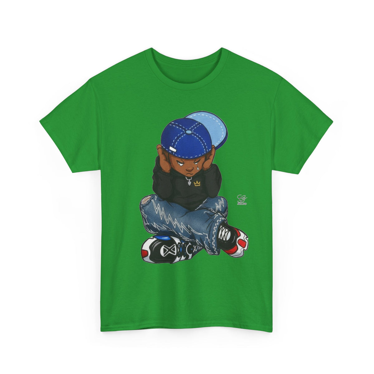 Ebony Sad Kid Illustration T-Shirt | Sitting Boy Graphic Tee b
