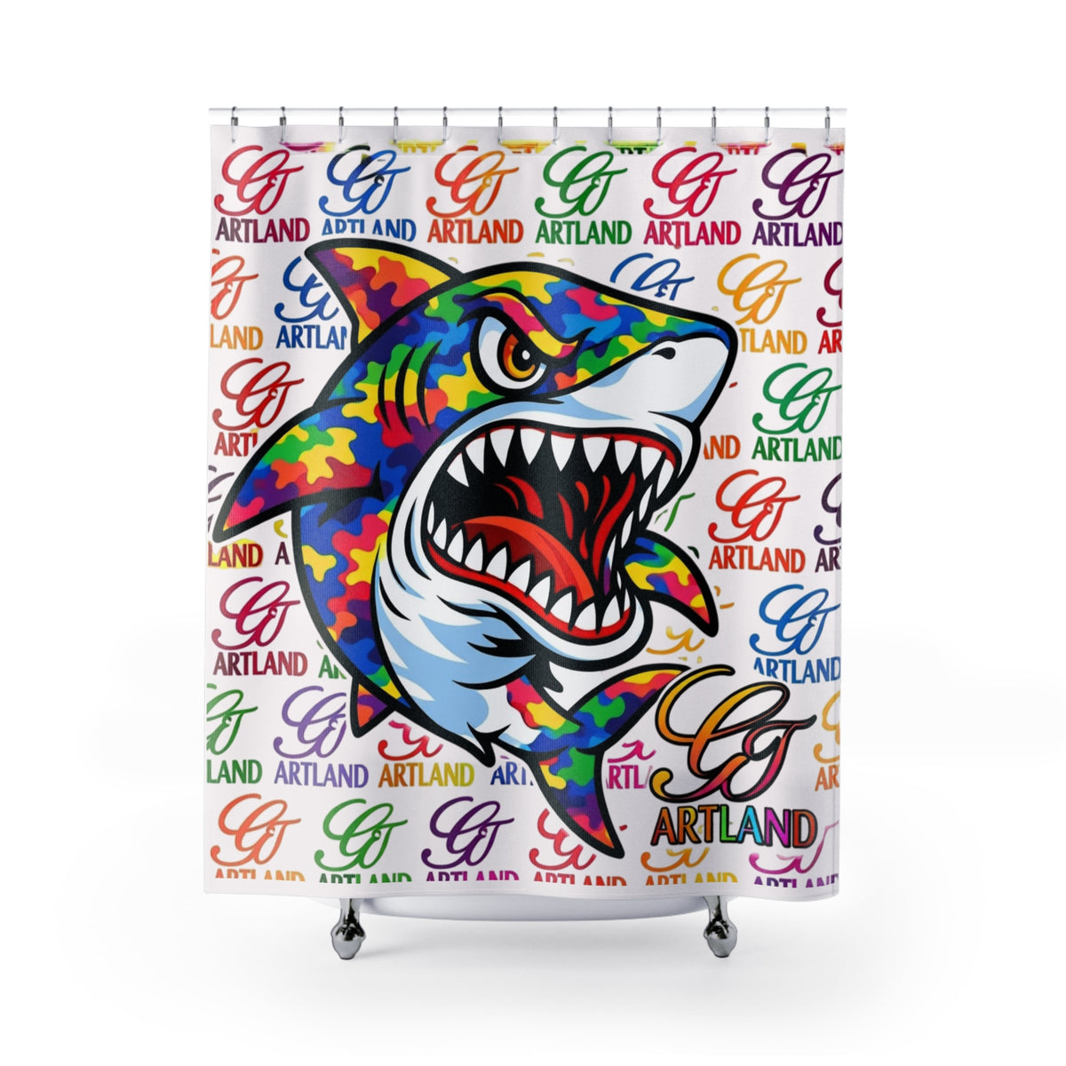 Colorful Designer Killa Rainbow Camouflage Shark GT Shower Curtain | Pop Art Logo Pattern by GT Artland