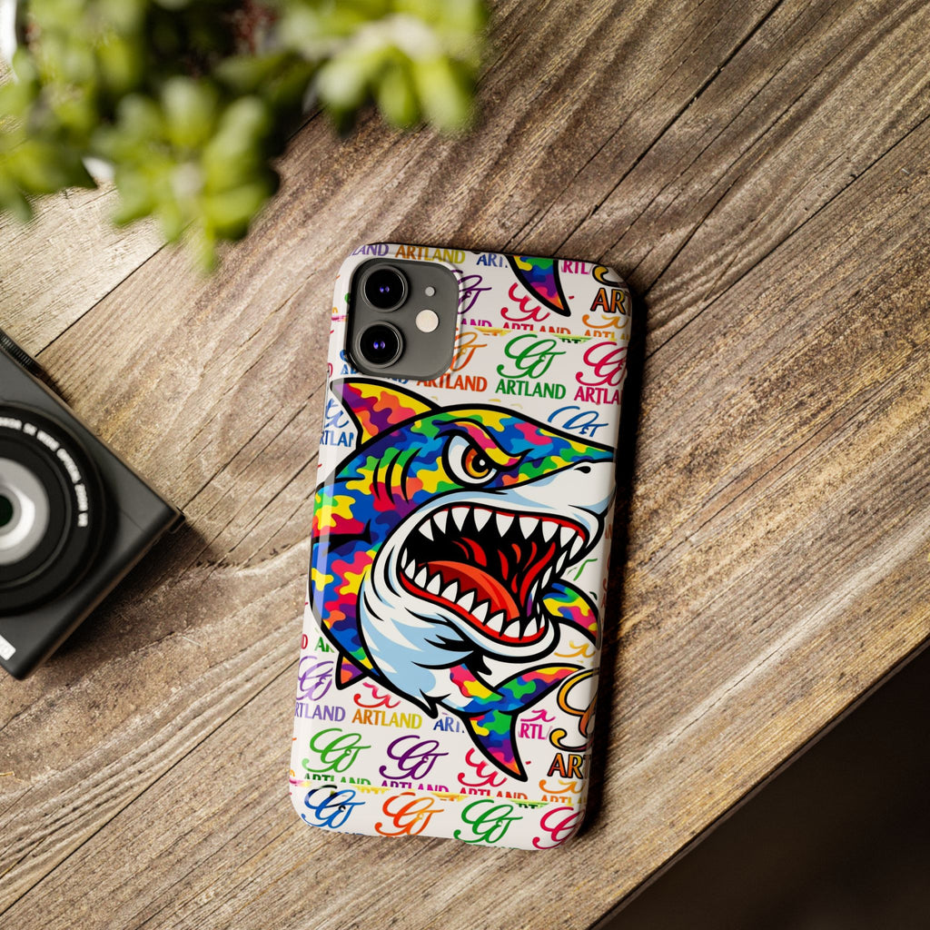 Colorful Camo Designer Shark GT Slim Phone Case | Vibrant Graphic, Artland Logo Background by GT Artland